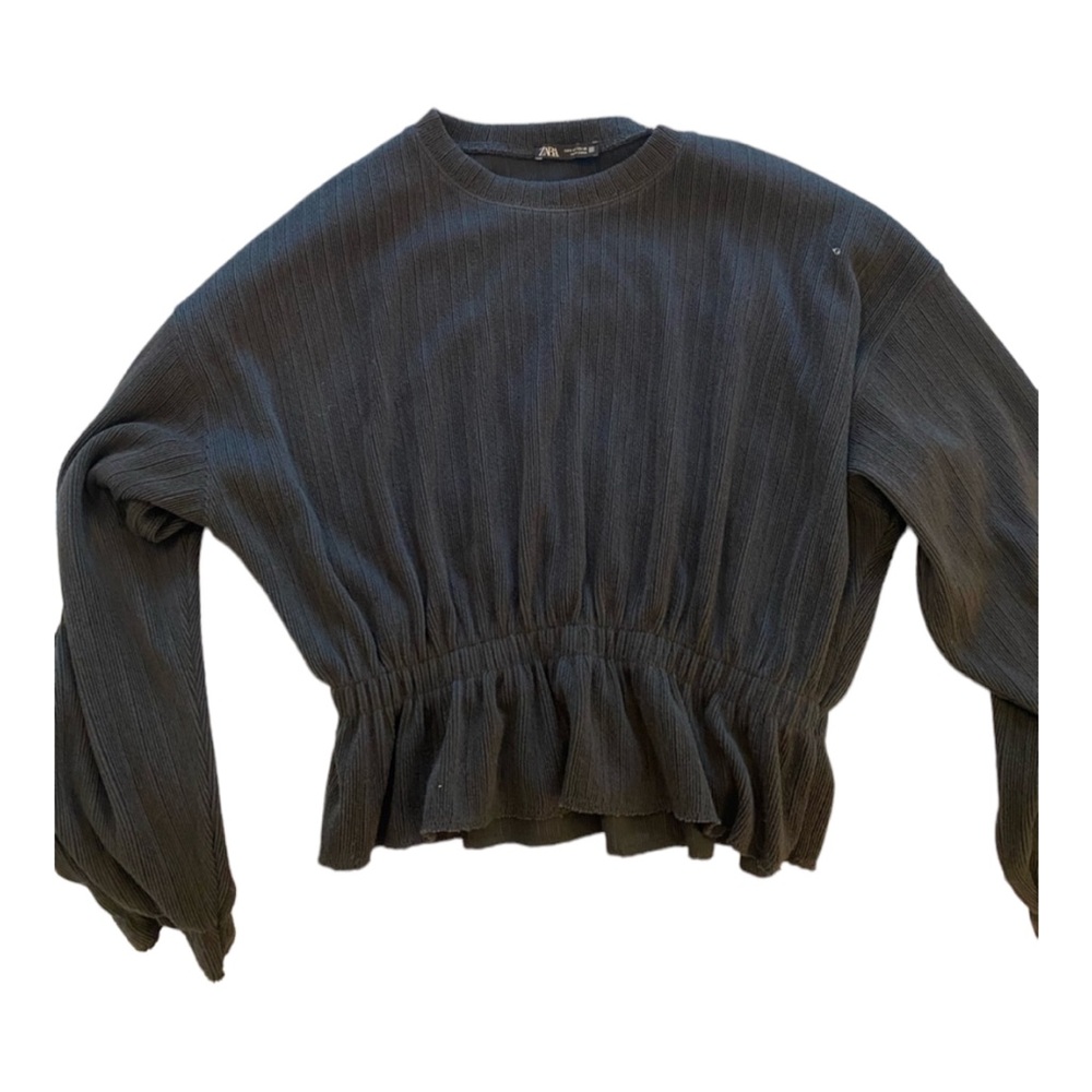Zara Ribbed Balloon Sleeve Ruffle Dark Grey Sweatshirt Blouse, Size Small
